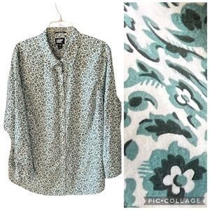 Land’s End No Iron Supima 18W Mini Floral Paisley Green White Button Down Shirt